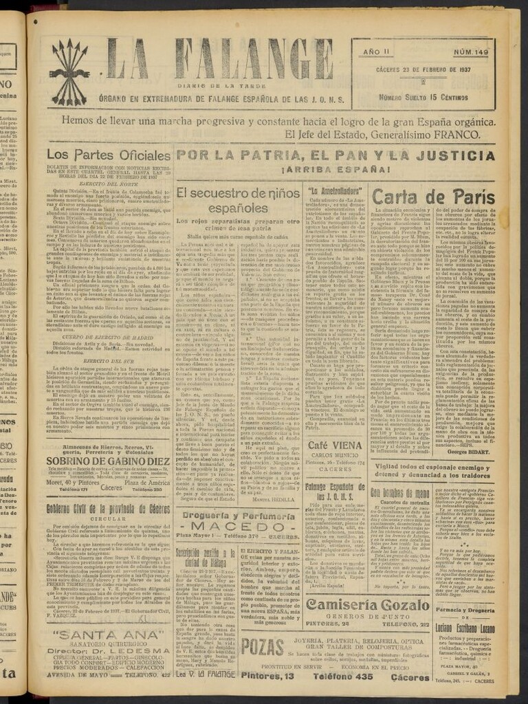 Miniatura de La Falange: Diario de la tarde del 23 de febrero de 1937, nº 149