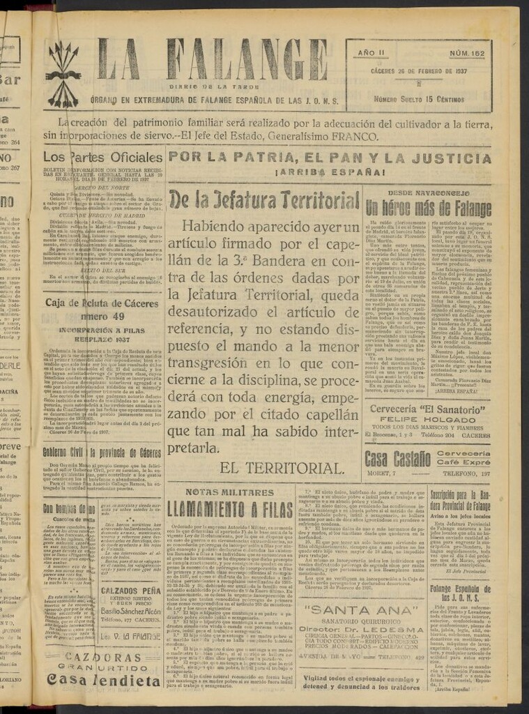 Miniatura de La Falange: Diario de la tarde del 26 de febrero de 1937, nº 152