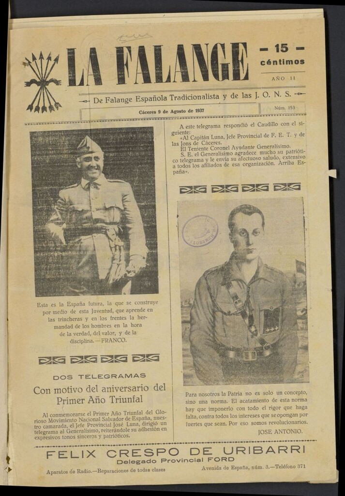 Miniatura de La Falange: Diario de la tarde del 9 de agosto de 1937, nº 153