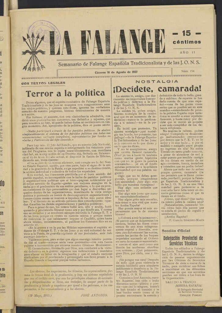 Miniatura de La Falange: Diario de la tarde del 16 de agosto de 1937, nº 154