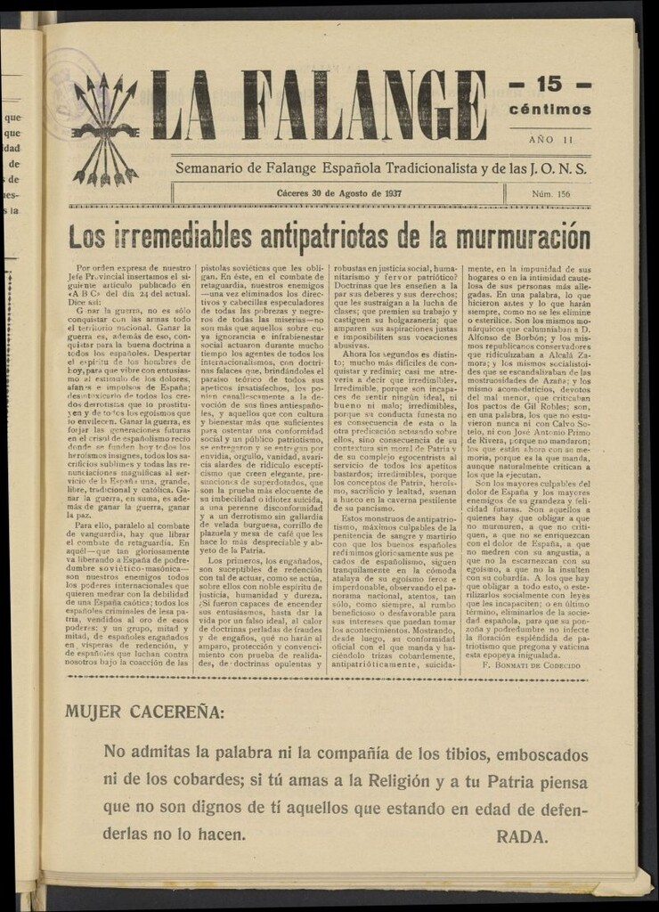 Miniatura de La Falange: Diario de la tarde del 30 de agosto de 1937, nº 156