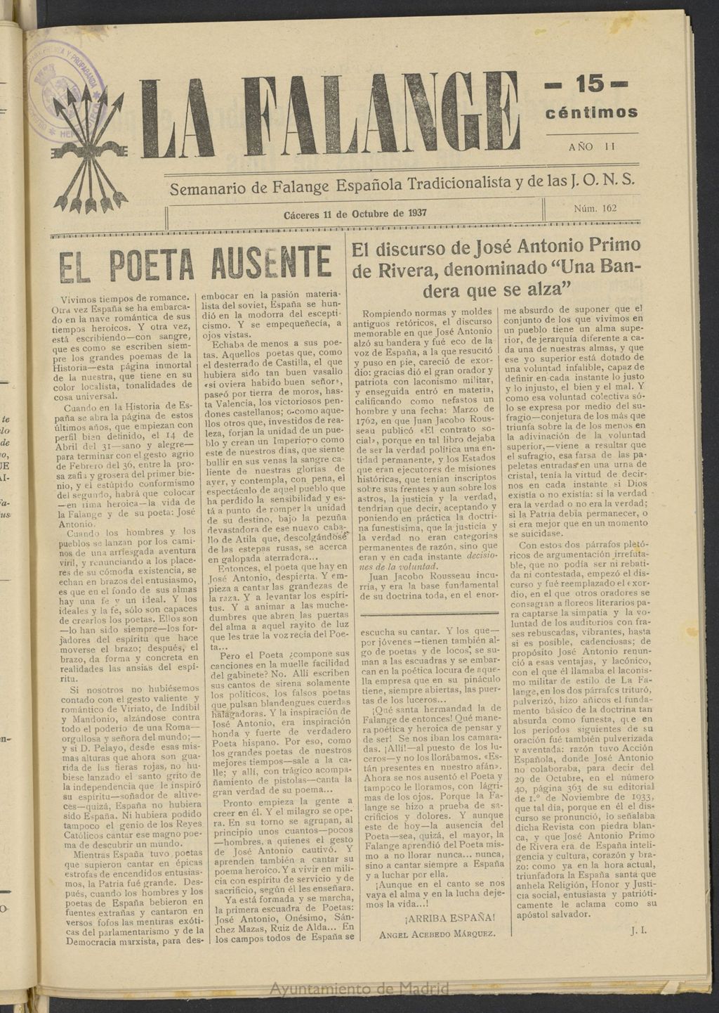 Miniatura de La Falange: Diario de la tarde del 11 de octubre de 1937, nº 162