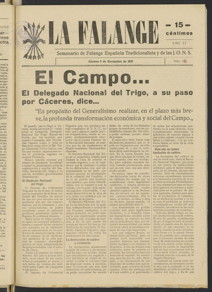 Miniatura de La Falange: Diario de la tarde del 8 de noviembre de 1937, nº 166