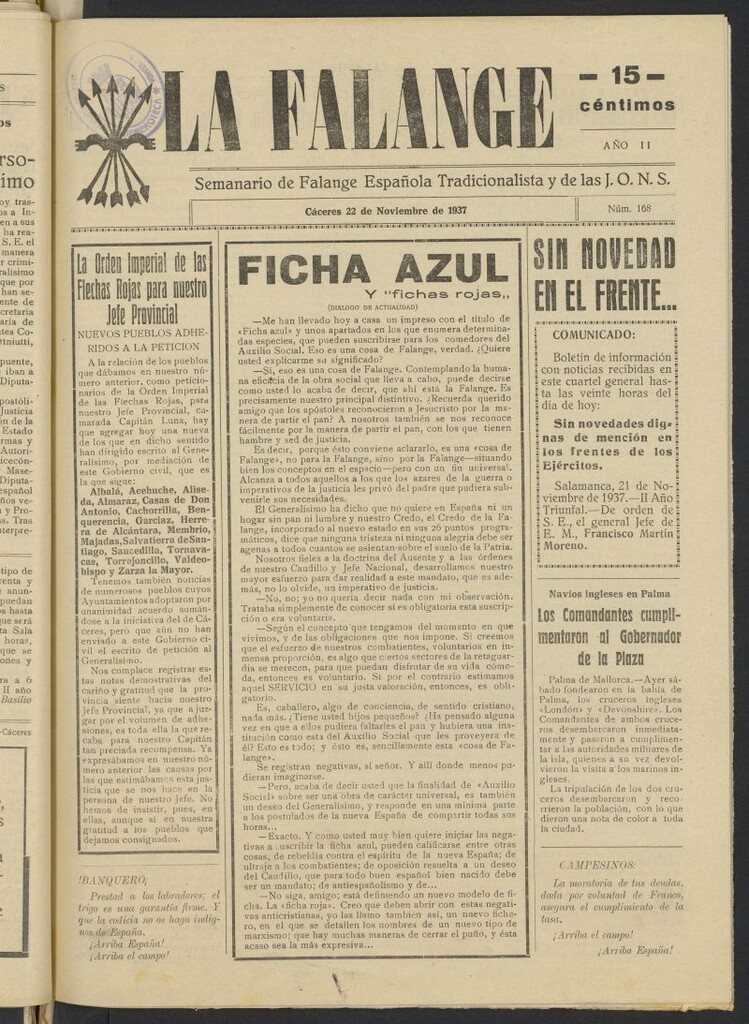 Miniatura de La Falange: Diario de la tarde del 22 de noviembre de 1937, nº 168