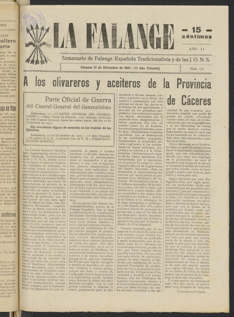 Miniatura de La Falange: Diario de la tarde del 13 de diciembre de 1937, nº 171