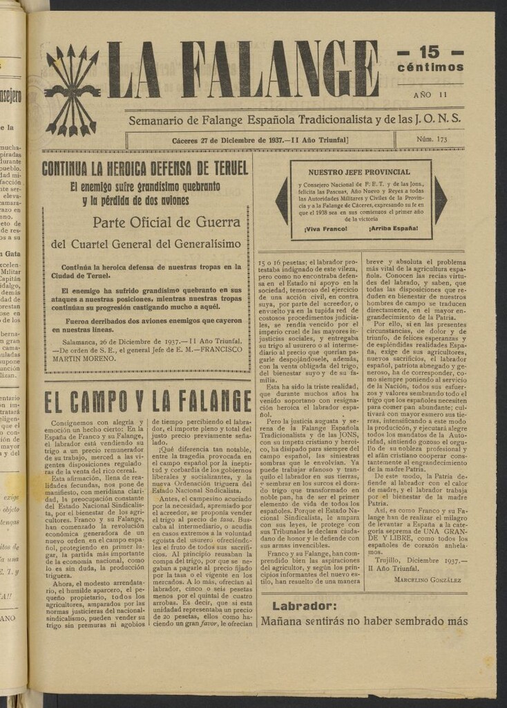 Miniatura de La Falange: Diario de la tarde del 27 de diciembre de 1937, nº 173