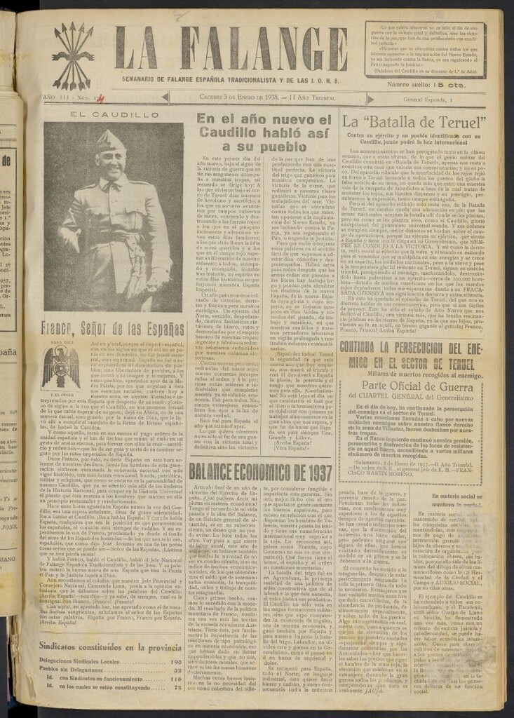 Miniatura de La Falange: Diario de la tarde del 3 de enero de 1938, nº 174