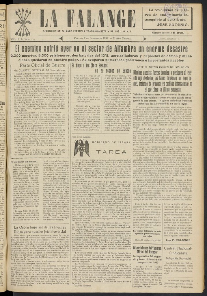 Miniatura de La Falange: Diario de la tarde del 7 de febrero de 1938, nº 179
