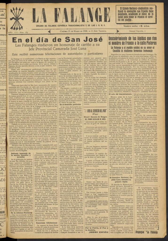 Miniatura de La Falange: Diario de la tarde del 21 de marzo de 1938, nº 185