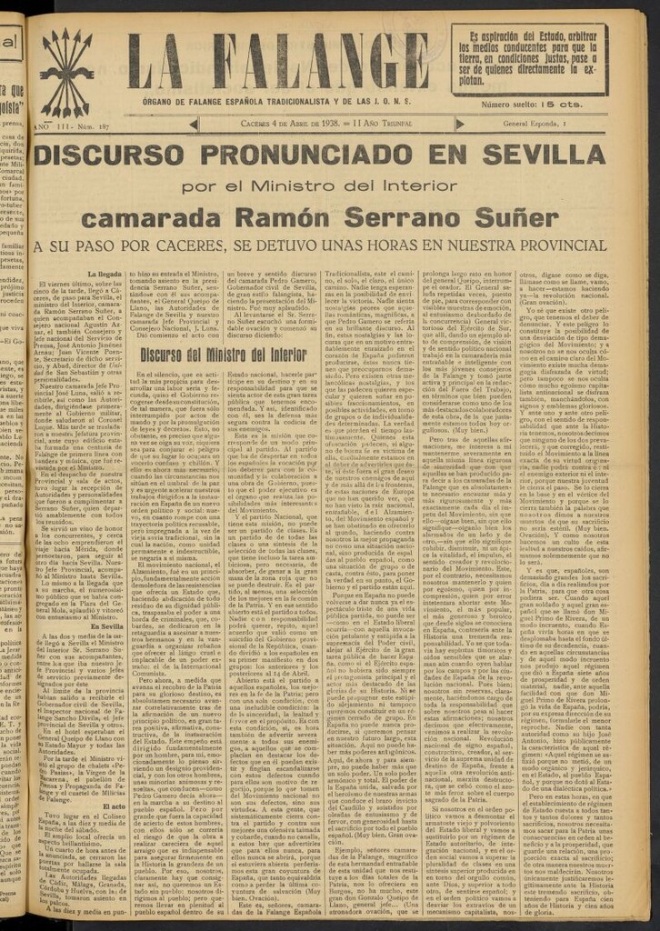 Miniatura de La Falange: Diario de la tarde del 4 de abril de 1938, nº 187