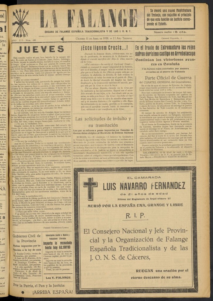Miniatura de La Falange: Diario de la tarde del 11 de abril de 1938, nº 188