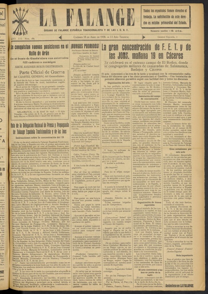 Miniatura de La Falange: Diario de la tarde del 18 de abril de 1938, nº 189