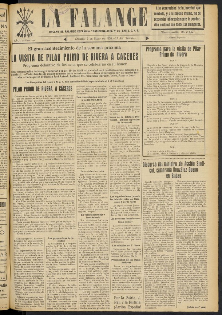 Miniatura de La Falange: Diario de la tarde del 2 de mayo de 1938, nº 192