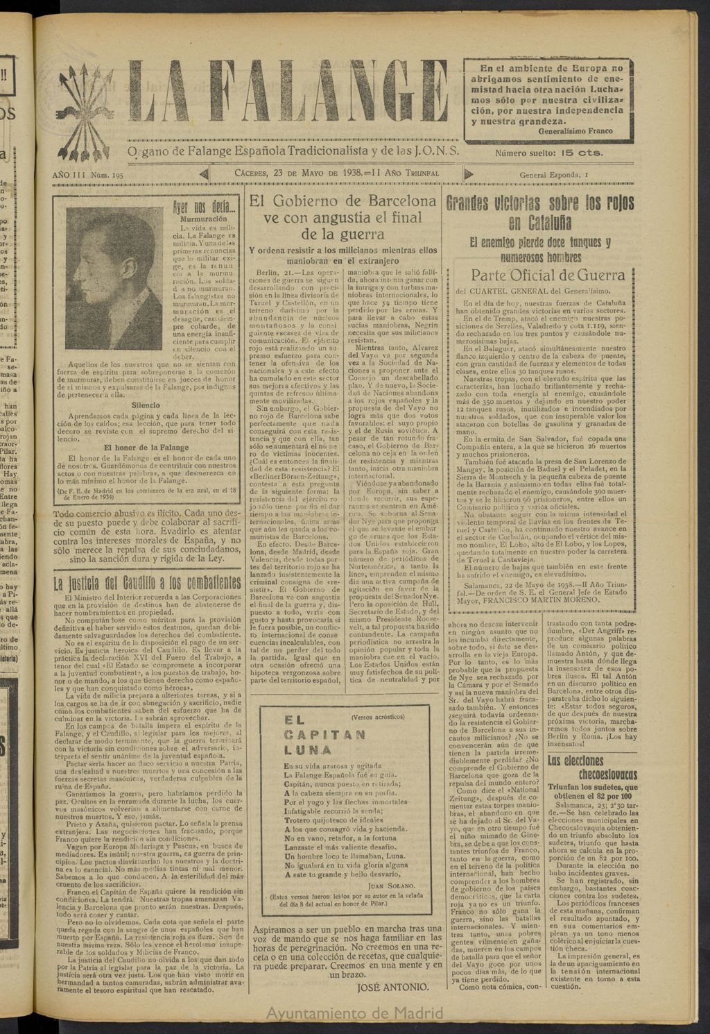 Miniatura de La Falange: Diario de la tarde del 23 de mayo de 1938, nº 195