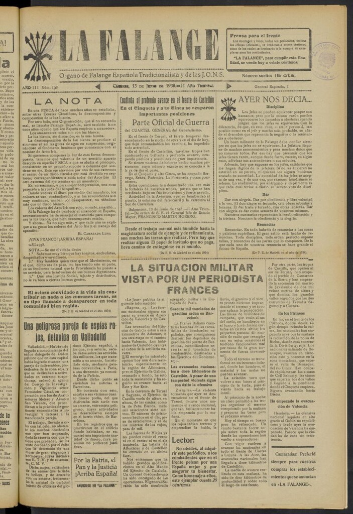 Miniatura de La Falange: Diario de la tarde del 13 de junio de 1938, nº 198