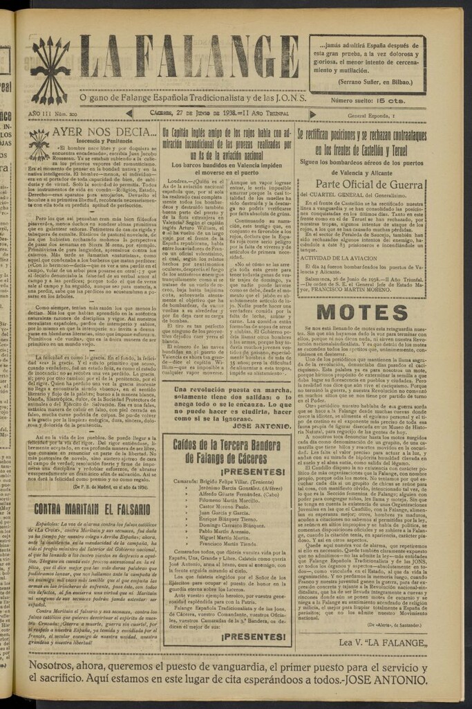 Miniatura de La Falange: Diario de la tarde del 27 de junio de 1938, nº 200