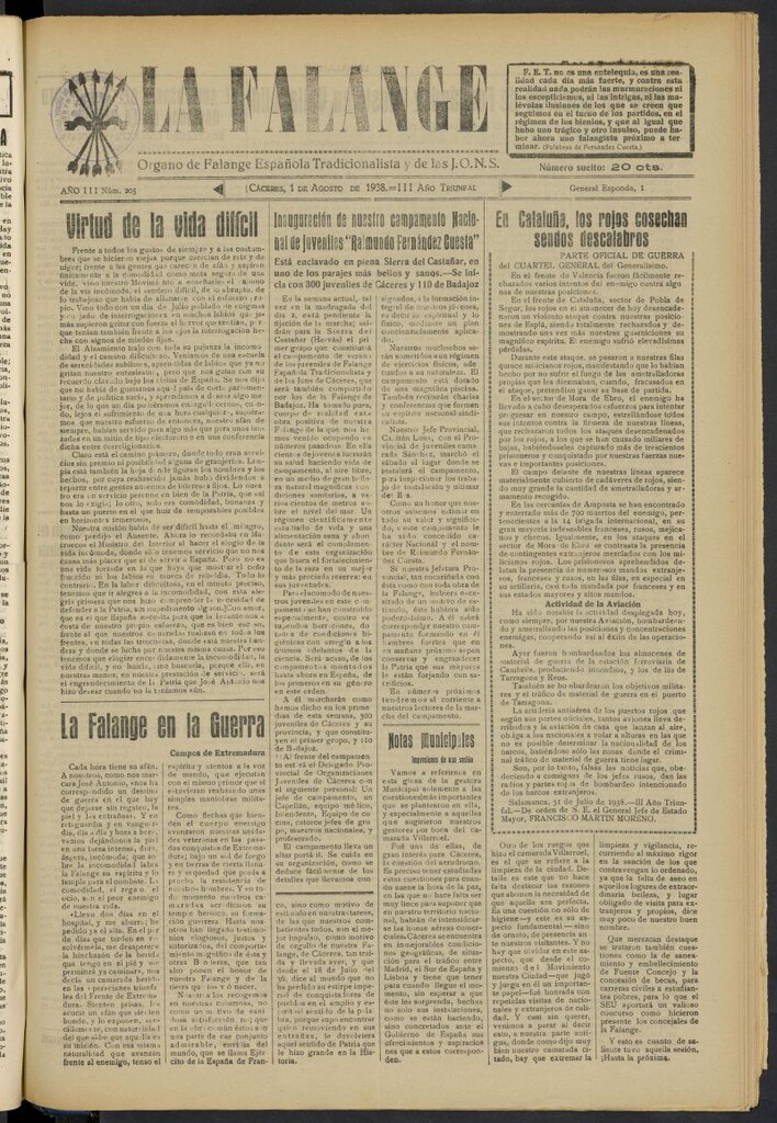 Miniatura de La Falange: Diario de la tarde del 1 de agosto de 1938, nº 205