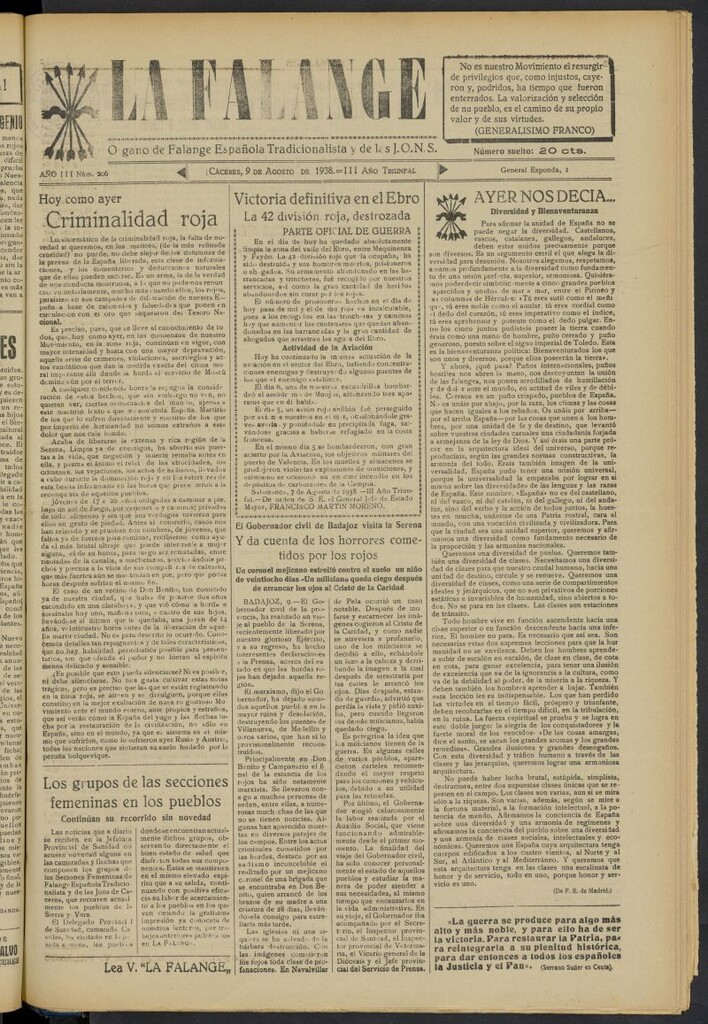 Miniatura de La Falange: Diario de la tarde del 9 de agosto de 1938, nº 206