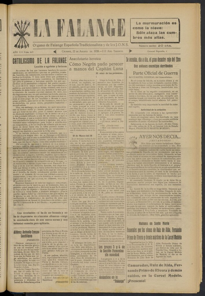 Miniatura de La Falange: Diario de la tarde del 22 de agosto de 1938, nº 208
