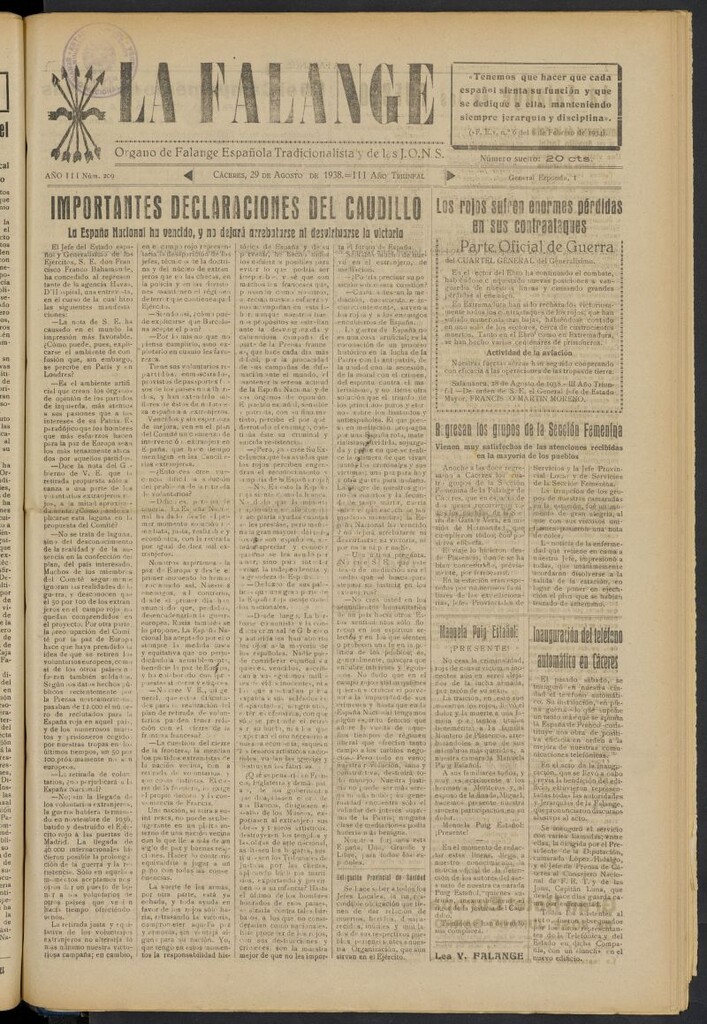 Miniatura de La Falange: Diario de la tarde del 29 de agosto de 1938, nº 209