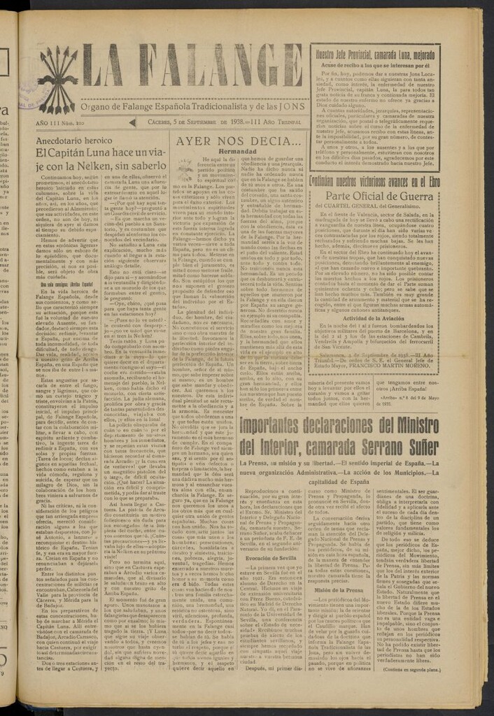 Miniatura de La Falange: Diario de la tarde del 5 de septiembre de 1938, nº 210
