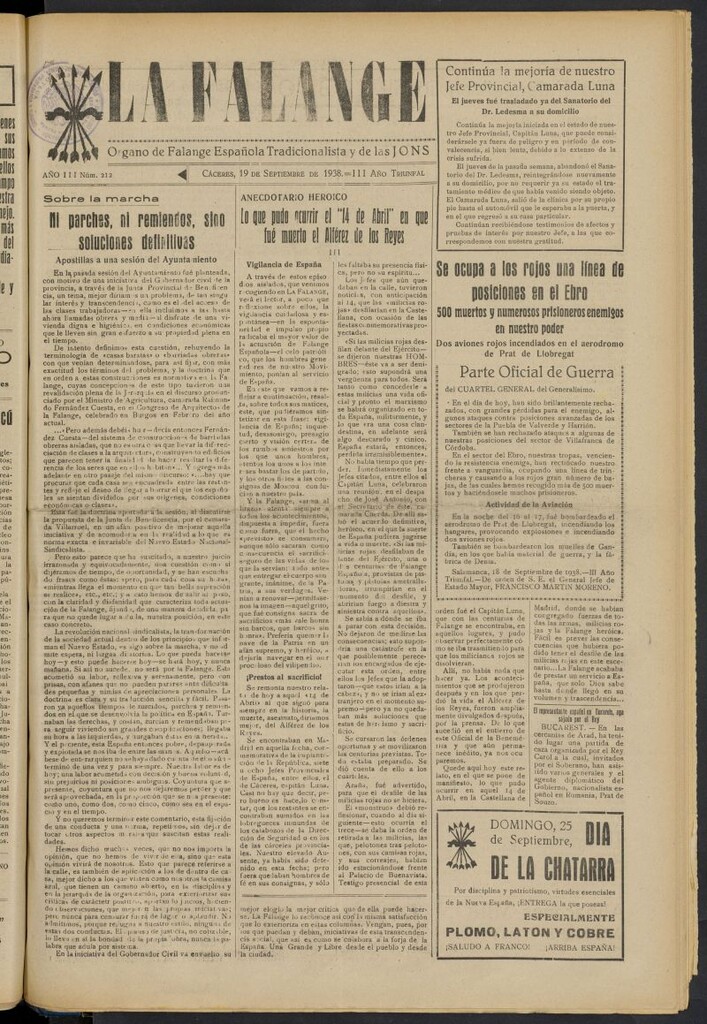 Miniatura de La Falange: Diario de la tarde del 19 de septiembre de 1938, nº 212