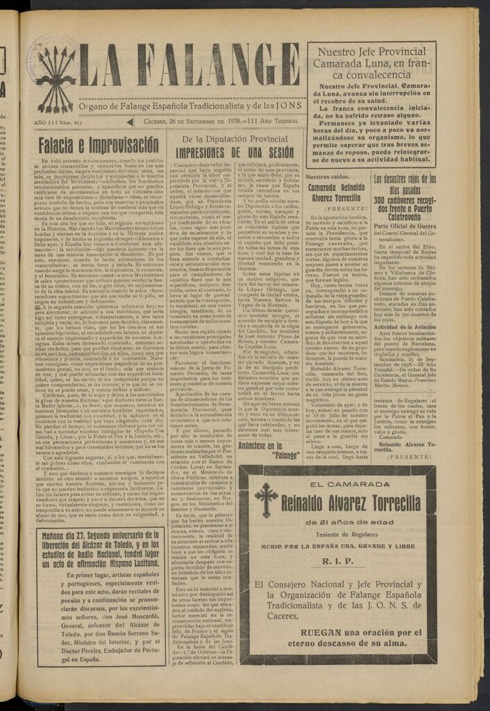Miniatura de La Falange: Diario de la tarde del 26 de septiembre de 1938, nº 213