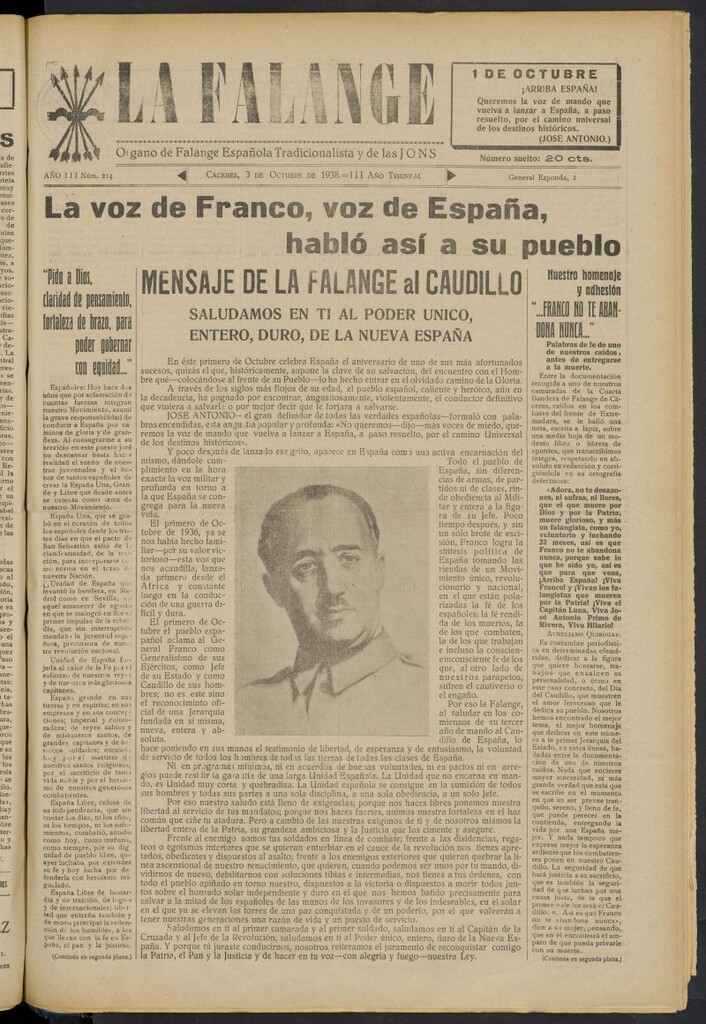 Miniatura de La Falange: Diario de la tarde del 3 de octubre de 1938, nº 214