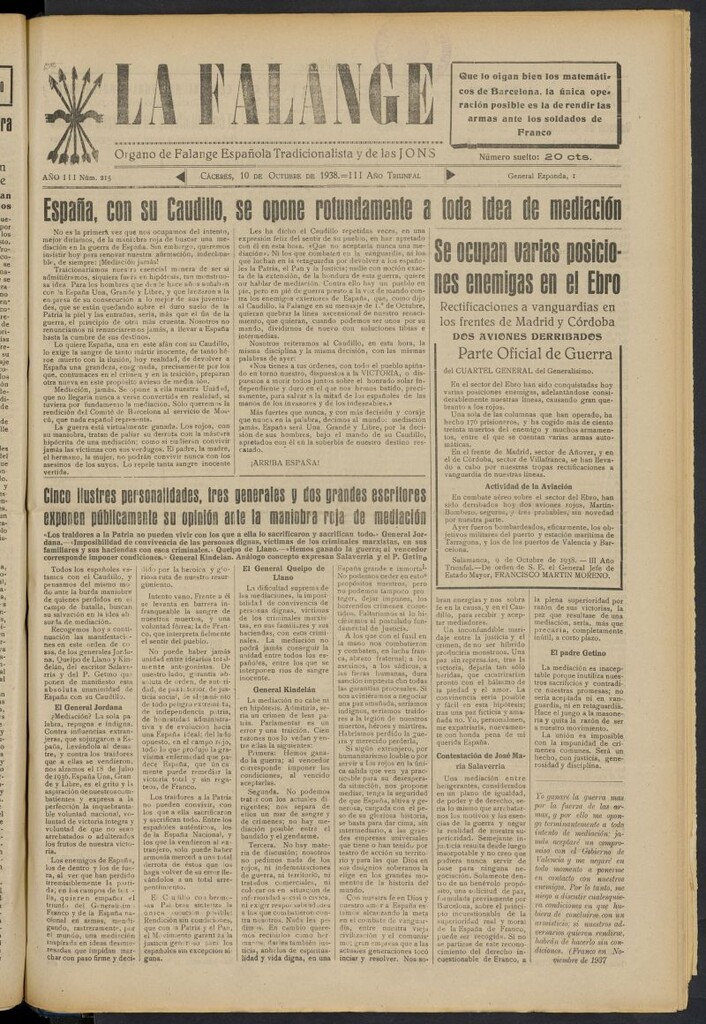 Miniatura de La Falange: Diario de la tarde del 10 de octubre de 1938, nº 215