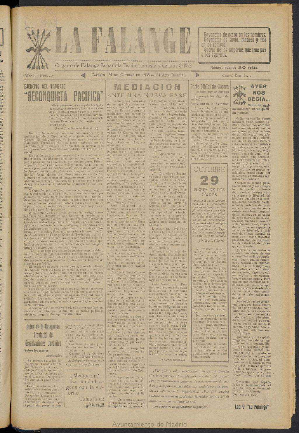 Miniatura de La Falange: Diario de la tarde del 24 de octubre de 1938, nº 217