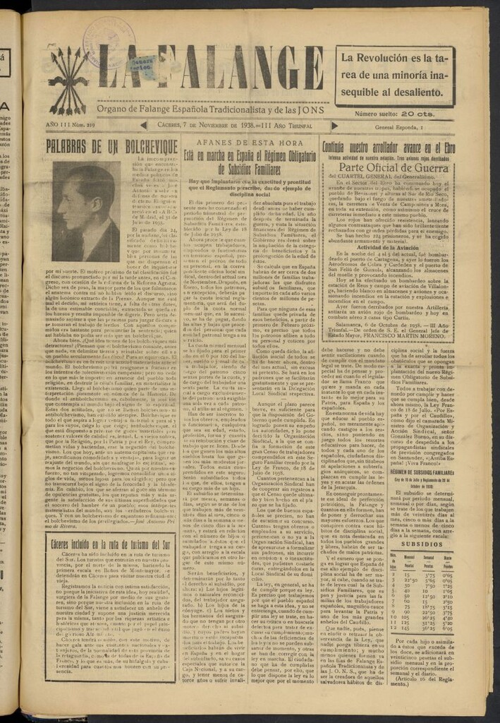 Miniatura de La Falange: Diario de la tarde del 7 de noviembre de 1938, nº 219