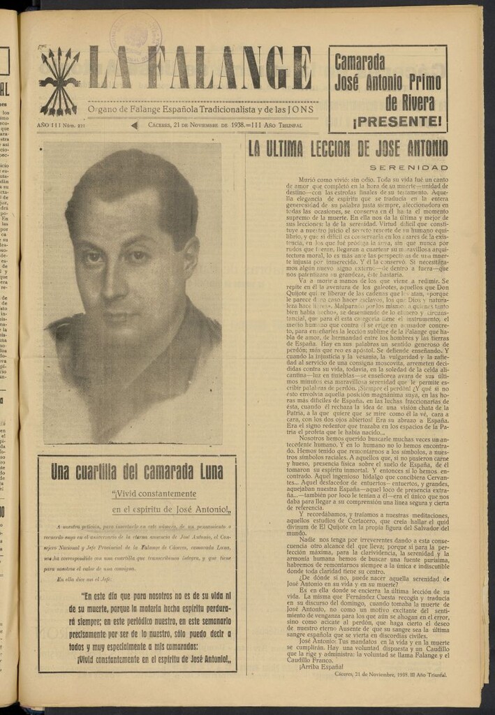 Miniatura de La Falange: Diario de la tarde Diario de la tarde del 21 de noviembre de 1938, nº 221