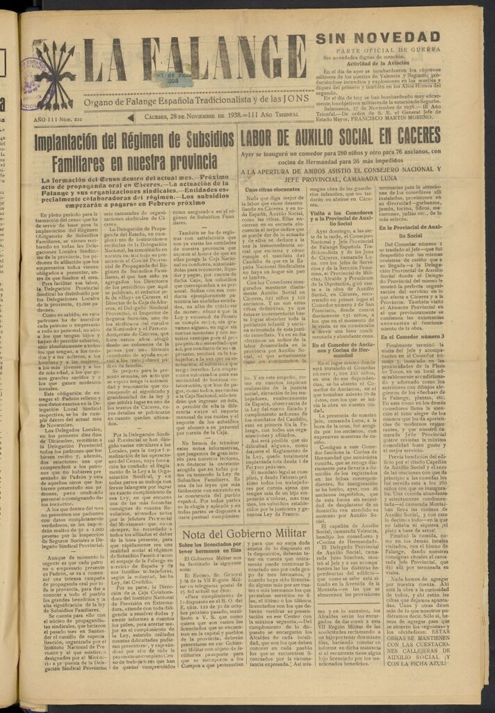 Miniatura de La Falange: Diario de la tarde del 28 de noviembre de 1938, nº 222