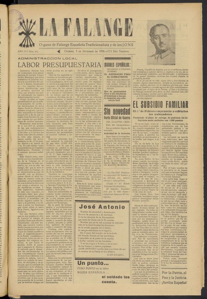 Miniatura de La Falange: Diario de la tarde del 5 de diciembre de 1938, nº 223