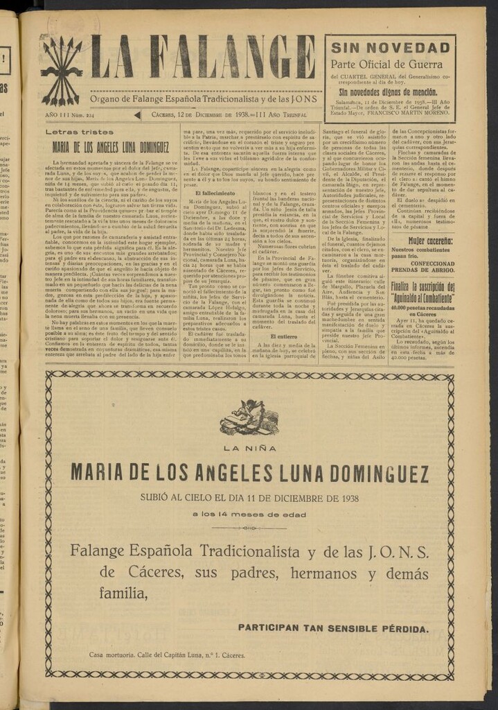 Miniatura de La Falange: Diario de la tarde del 12 de diciembre de 1938, nº 224