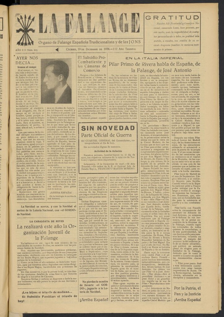 Miniatura de La Falange: Diario de la tarde del 19 de diciembre de 1938, nº 225