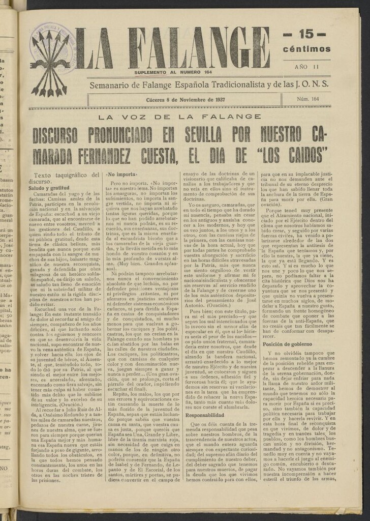 Miniatura de La Falange: Diario de la tarde del 8 de noviembre de 1938, suplemento al nº 164