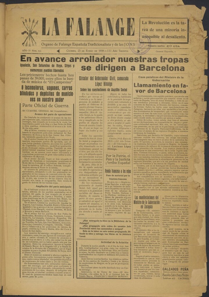 Miniatura de La Falange: Diario de la tarde del 23 de enero de 1939, nº 230