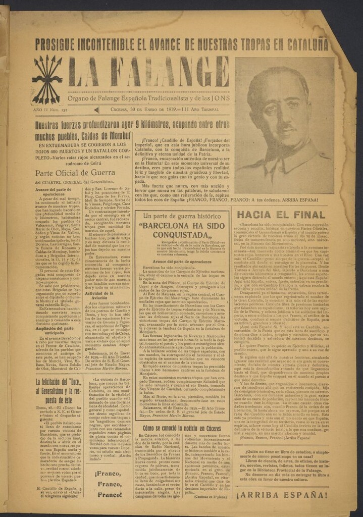 Miniatura de La Falange: Diario de la tarde del 30 de enero de 1939, nº 231