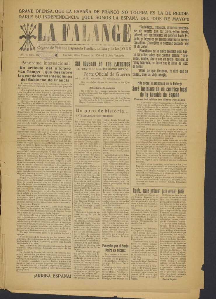 Miniatura de La Falange: Diario de la tarde del 20 de febrero de 1939, nº 234