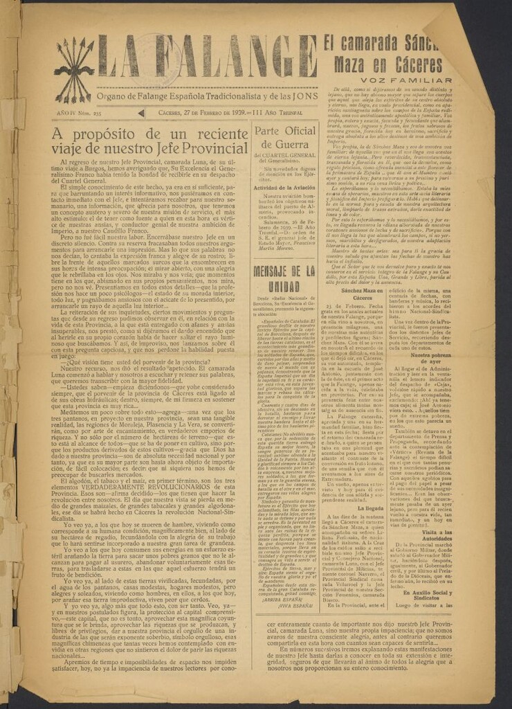 Miniatura de La Falange: Diario de la tarde del 27 de febrero de 1939, nº 235