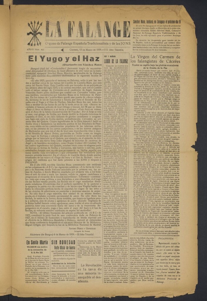 Miniatura de La Falange: Diario de la tarde del 13 de marzo de 1939, nº 237