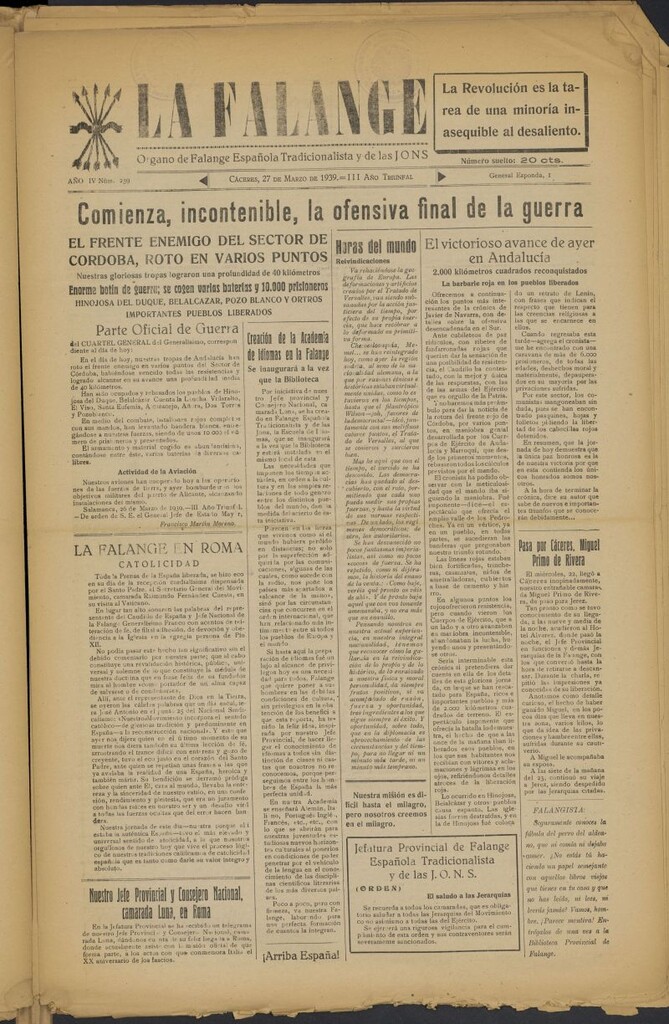 Miniatura de La Falange: Diario de la tarde del 27 de marzo de 1939, nº 239