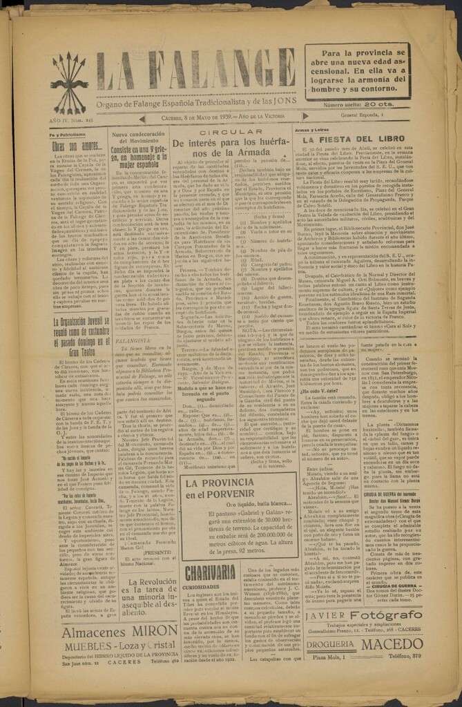 Miniatura de La Falange: Diario de la tarde del 8 de mayo de 1939, nº 245