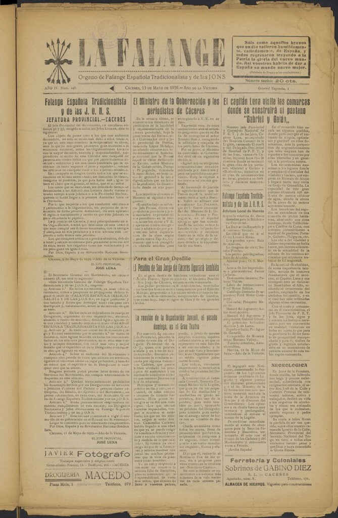 Miniatura de La Falange: Diario de la tarde del 15 de mayo de 1939, nº 246