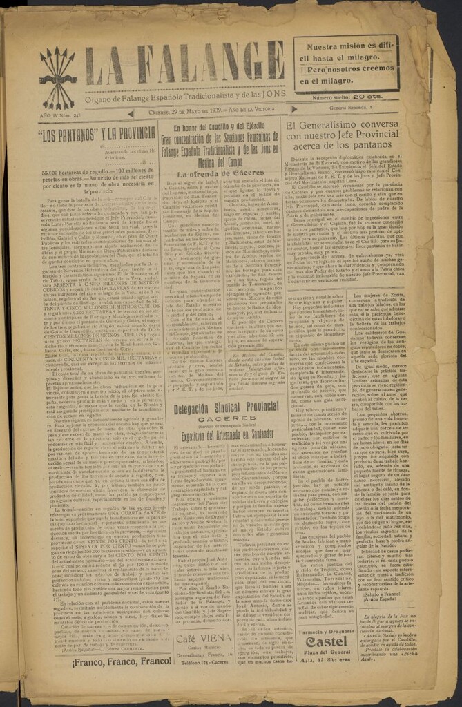 Miniatura de La Falange: Diario de la tarde del 29 de mayo de 1939, nº 248