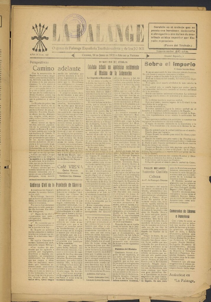 Miniatura de La Falange: Diario de la tarde del 19 de junio de 1939, nº 251