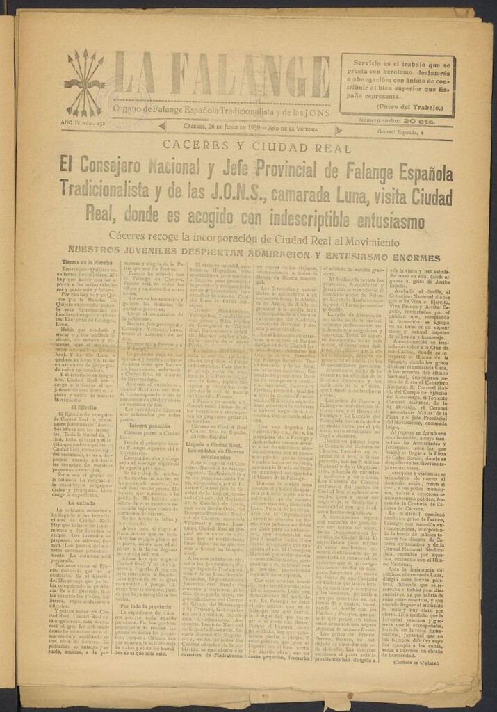 Miniatura de La Falange: Diario de la tarde del 26 de junio de 1939, nº 252