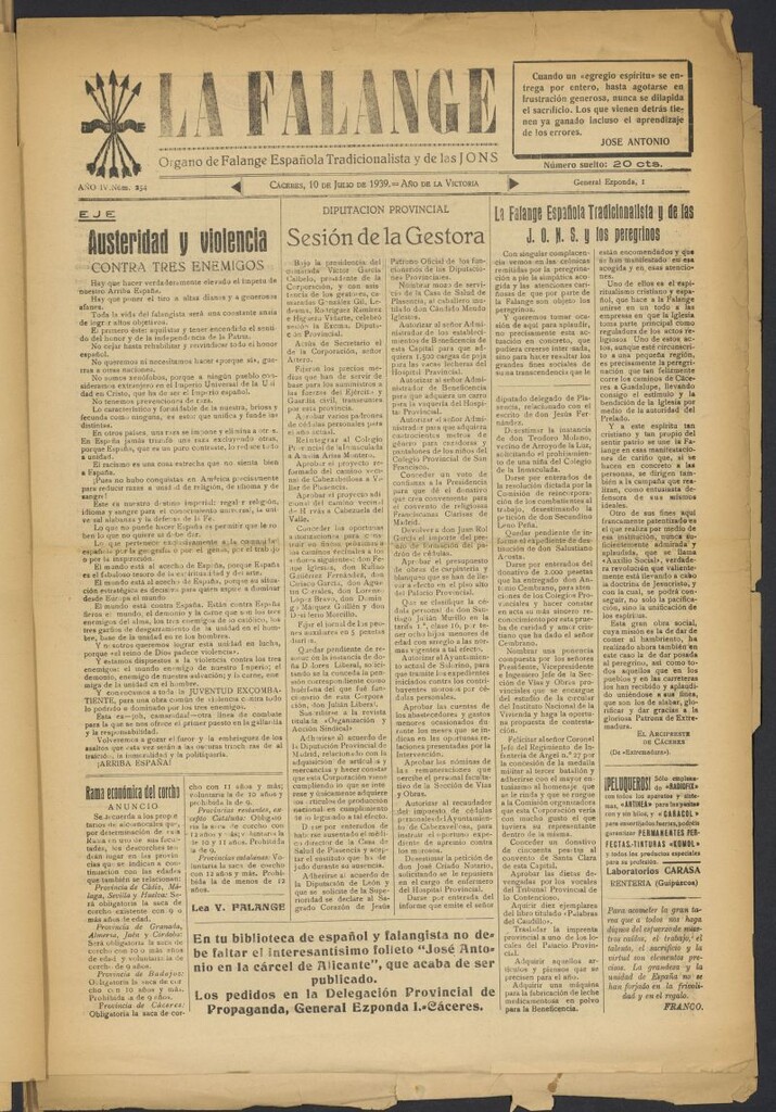 Miniatura de La Falange: Diario de la tarde del 10 de julio de 1939, nº 254