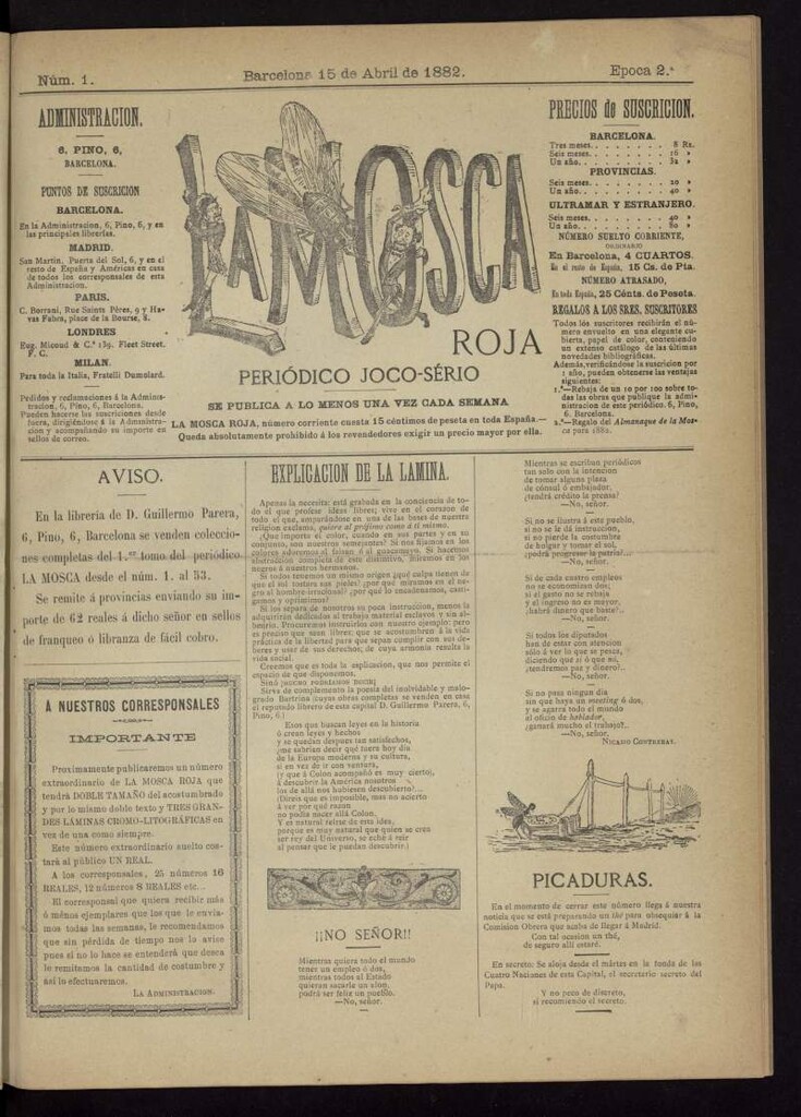 Miniatura de La Mosca Roja : periódico político joco-serio del 15 de abril de 1882, nº 1